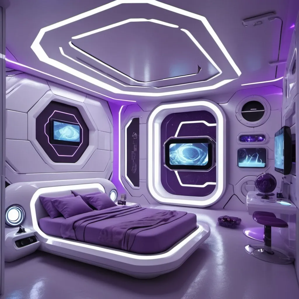 Prompt: futuristic scifi bed room, color palette is white and purple, neon lights in the walls, lots of details in the walls 