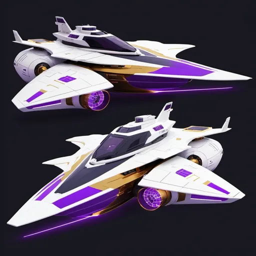 Prompt: generational ship. color palette is white and purple and gold. the ship will have a turrets and comms 