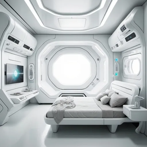 Prompt: a sterile futuristic bedroom. color palette is white