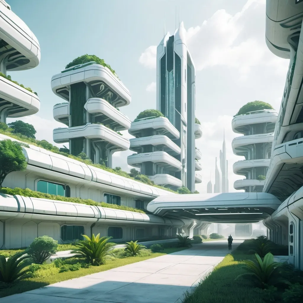 Prompt: futuristic military barracks exterior. background is a futuristic city with a lot of plantation. color palette is white