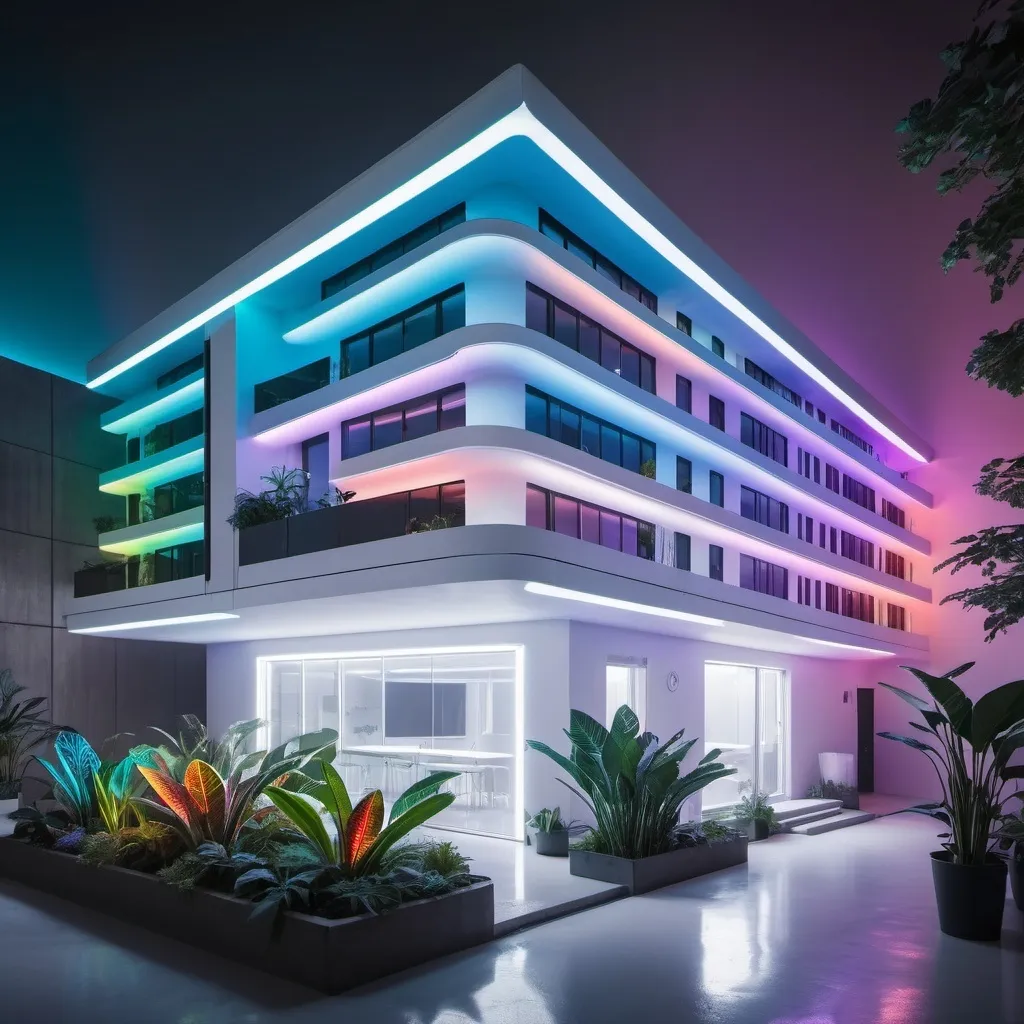 Prompt: futuristic open concept military dormitory exterior with subtle neon lighting and alien rainbow plants. color palette is white. 