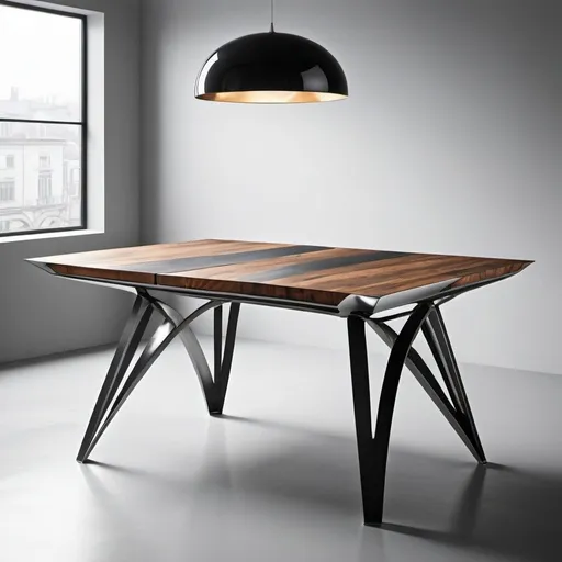 Prompt: futuristic metal and wooden table 