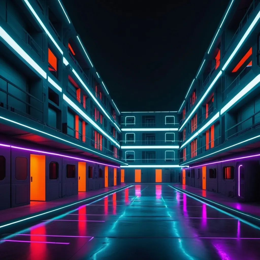 Prompt: futuristic military barracks with neon