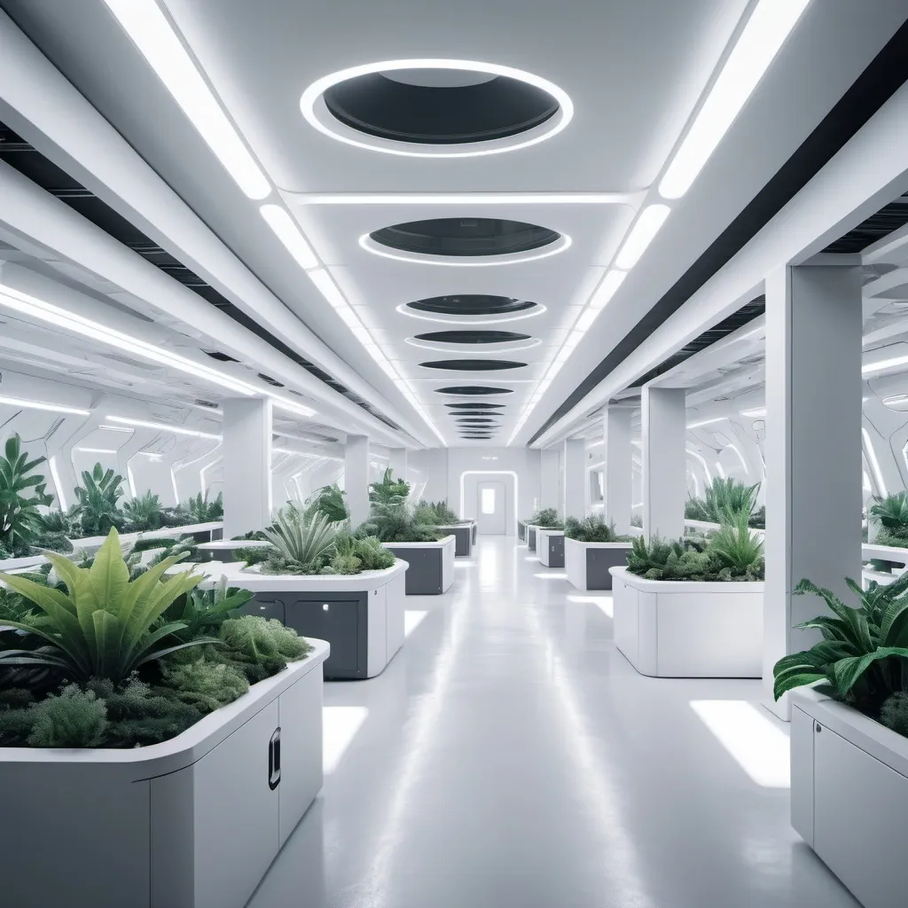 Prompt: futuristic open concept military barracks commons with subtle neon lighting and alien plants in the walls. color palette is white. 