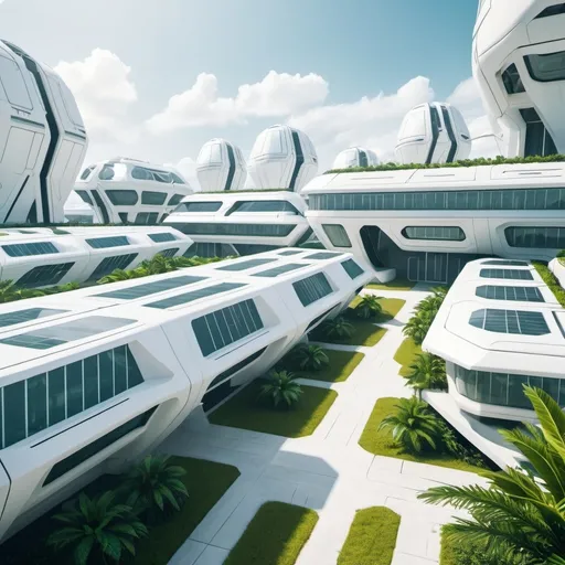 Prompt: futuristic military barracks exterior. background is a futuristic city with a lot of plantation. color palette is white