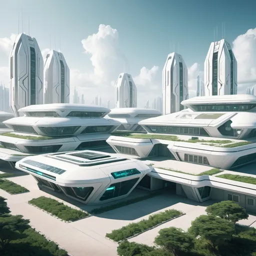 Prompt: futuristic military barracks exterior. background is a futuristic city with a lot of plantation. color palette is white