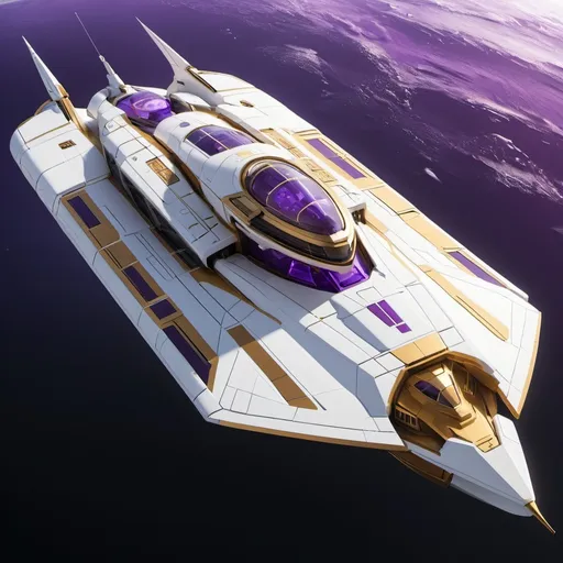 Prompt: generational ship. color palette is white and purple and gold. the ship will have a turrets and comms 