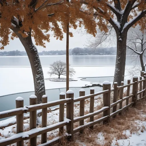 Prompt: a tree in the snow near a fence and a body of water, An Gyeon, ecological art, winter, a jigsaw puzzle