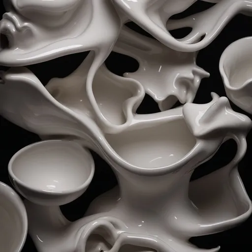 Prompt: glossy porcelain sculpture against black background soft studio lighting.