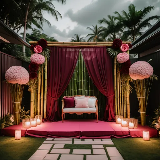 Prompt: a modern, realistic photograph of a romantic, proposal setup in a backyard behind our 2 storey modern house in the philippines with bamboo perimeter zen wall design. with dominant maroon and pink, with white and green, and gold accent, flower garden, dramatic lighting and hanging elegant draperies, make it elegant and luxurious looking.