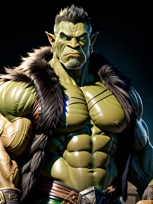 Prompt: perfect composition, {40 year old}, extremely muscular {Green Warcraft Orc} bodybuilder, {Green skin}, wearing {fur vest and leather trousers}, {short black hair}, {mouth tusks}, {large eyes}, extra masculine, peak fitness, asymmetric scars, determined expression, 8k eyes, detailed face, wlop, stanley artgerm lau, artstation, hd, octane render, hyperrealism intricate details, 8k, cinematic volumetric light, proportional, art trending on artstation, sharp focus, studio photo, intricate details, highly detailed, intricate artwork masterpiece, ominous, intricate, epic, trending on artstation, highly detailed, vibrant, production cinematic character render, ultra high quality model, 