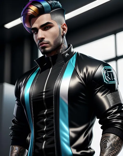 Prompt: perfect composition, {24 year old}, lean heavily tattooed {persian man} gangster, wearing futuristic {tech shirt and future tech coat}, {short spiked dyed multicolored hair}, peak fitness, determined expression, looking at viewer, 8k eyes, detailed face, wlop, stanley artgerm lau, artstation, hd, octane render, hyperrealism intricate details, 8k, cinematic volumetric light, proportional, art trending on artstation, sharp focus, studio photo, intricate details, highly detailed, intricate artwork masterpiece, ominous, intricate, epic, trending on artstation, highly detailed, vibrant, production cinematic character render, ultra high quality model, 