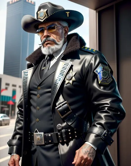 Prompt: perfect composition, bearded goatee {75 year old}, lean {mexican sheriff}, {short hair}, {long braided beard}, {wearing futuristic trench coat and police gear}, extra masculine, peak fitness, determined expression, 8k eyes, detailed face, wlop, stanley artgerm lau, artstation, hd, octane render, hyperrealism intricate details, 8k, cinematic volumetric light, proportional, sharp focus, studio photo, intricate details, highly detailed, intricate artwork masterpiece, ominous, intricate, epic, trending on artstation, highly detailed, vibrant, production cinematic character render, ultra high quality model, 