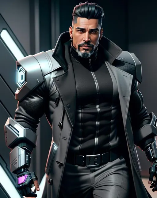 Prompt: perfect composition, bearded goatee {45 year old}, lean and muscular {cuban man}, {wearing futuristic grey and black trench coat with cybernetic attachments}, extra masculine, peak fitness, amused expression, 8k eyes, detailed face, wlop, stanley artgerm lau, artstation, hd, octane render, hyperrealism intricate details, 8k, cinematic volumetric light, proportional, art trending on artstation, sharp focus, studio photo, intricate details, highly detailed, intricate artwork masterpiece, ominous, intricate, epic, trending on artstation, highly detailed, vibrant, production cinematic character render, ultra high quality model, 