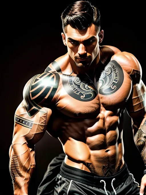 Prompt: heavily muscular man, standing, arm and chest tattoos, straight nose, broad shoulders, very large arms, high cheekbones, 2k, dark muted lighting, looking up and facing camera, perfect composition, hyperrealistic, 8k, high quality, sharp focus, studio photo, intricate details, highly detailed,  highly detailed, vibrant, production cinematic character render, ultra high quality model, stanley artgerm lau, artstation, hd, octane render