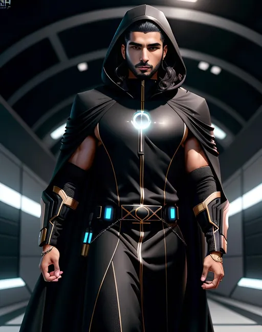 Prompt: perfect composition, {25 year old}, lean tan skinned {arab man}, wearing futuristic {black future tech hooded robes}, {long brunette and black hair}, {hazel eyes}, extra masculine, peak fitness, determined expression, looking at viewer, 8k eyes, detailed face, wlop, stanley artgerm lau, artstation, hd, octane render, hyperrealism intricate details, 8k, cinematic volumetric light, proportional, art trending on artstation, sharp focus, studio photo, intricate details, highly detailed, intricate artwork masterpiece, ominous, intricate, epic, trending on artstation, highly detailed, vibrant, production cinematic character render, ultra high quality model, 