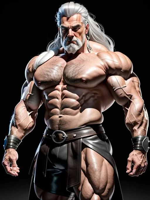 Prompt: perfect composition, {60 year old}, extremely muscular {Jordan Peterson} as a bodybuilder, long grey white hair, wearing fantasy {leather barbarian clothes}, extra masculine, peak fitness, determined expression, wlop, stanley artgerm lau, artstation, hd, octane render, hyperrealism intricate details, 8k, cinematic volumetric light, proportional, art trending on artstation, sharp focus, studio photo, intricate details, highly detailed, intricate artwork masterpiece, ominous, intricate, epic, trending on artstation, highly detailed, vibrant, production cinematic character render, ultra high quality model, 