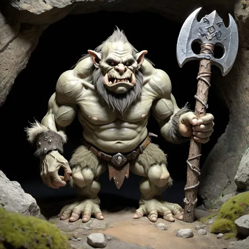 Prompt: Mountain Troll with large club in cave entrance. Add boney protrusions from skin
