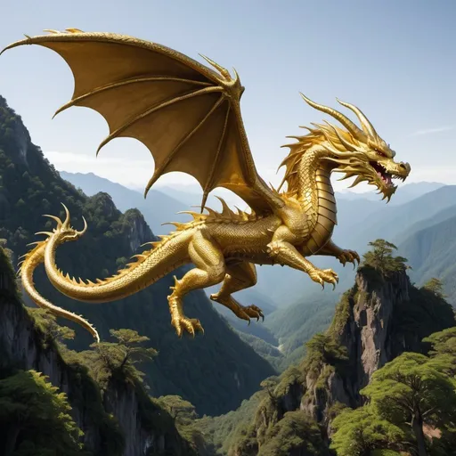 Prompt: Gold Dragon flying over tree covered mountains with 4 legs and two wings
