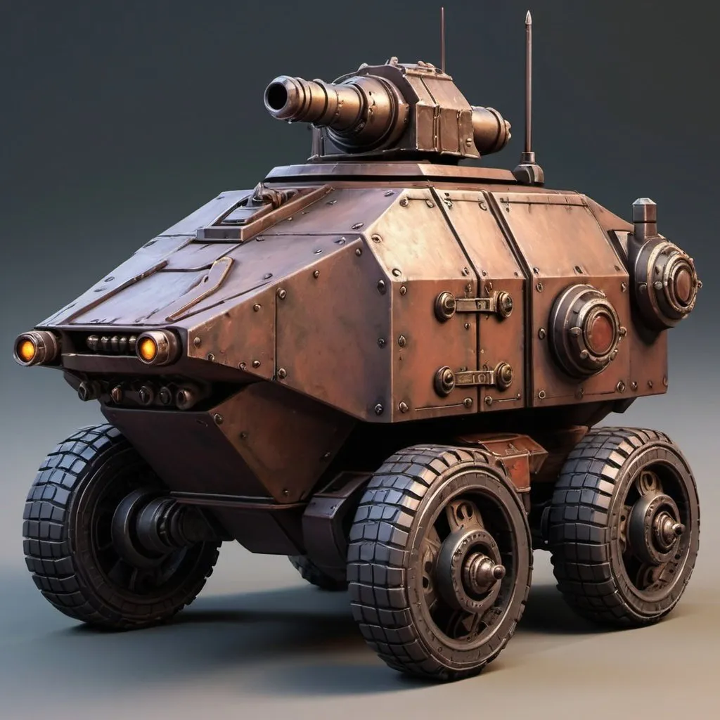 Prompt: 6 wheeled dwarven armored car with open cupula and plasma cannon

