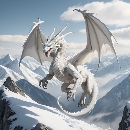 Prompt: White Dragon flying over snow covered mountains with 4 legs and two wings