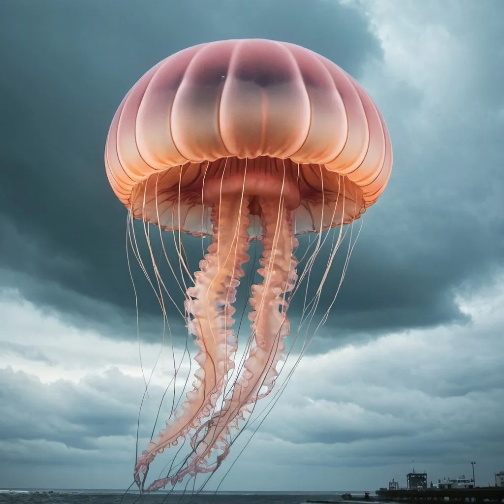 Prompt: Huge flying jellyfish in cloudy skies