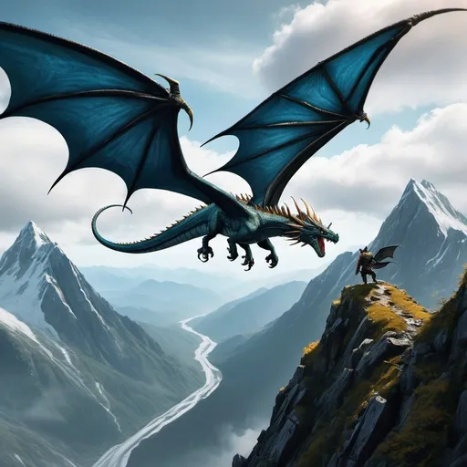 Prompt: Wyvern flying over mountain with two rear legs 
