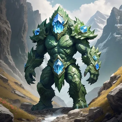 Prompt: Earth Elemental with crystal armor in a mountain pass