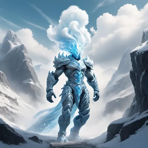 Prompt: Air Elemental with Ice armor in a mountain pass. With humanoid body made of swirling clouds. 