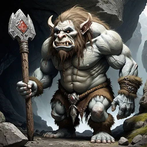 Prompt: Mountain Troll with large club in cave entrance. Add boney plate armor on skin
