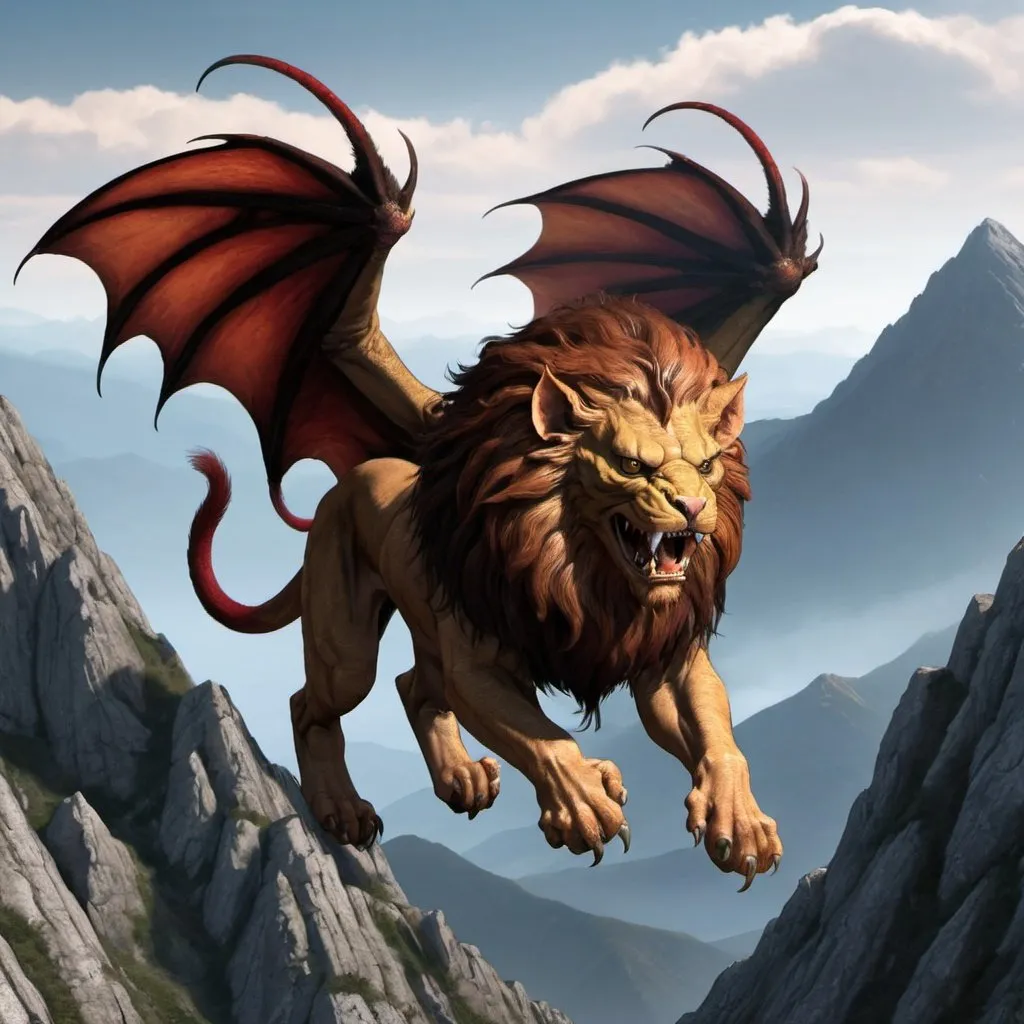 Prompt: Manticore flying over mountains
