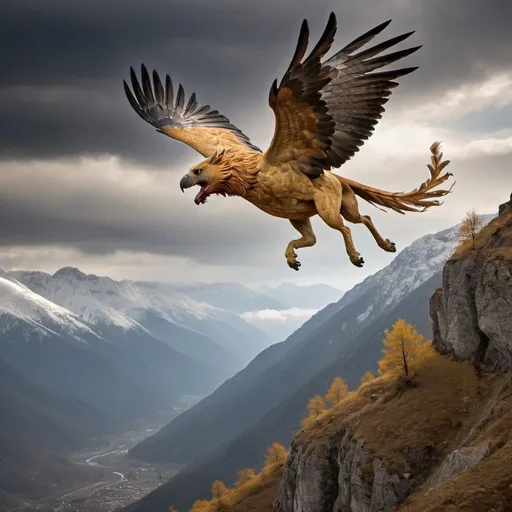Prompt: award winning photo of a griffin flying over mountains
