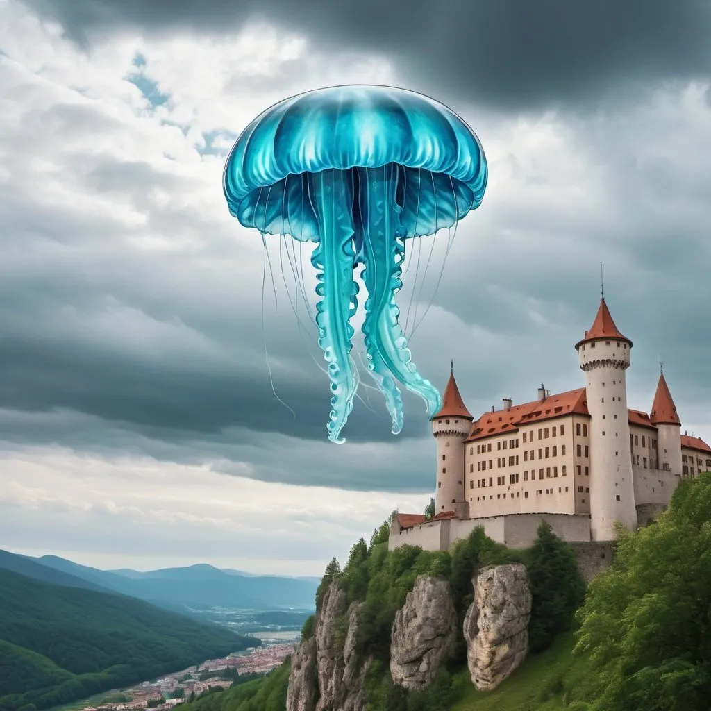 Prompt: Huge flying lightblue jellyfish in cloudy skies flying over medieval mountain castle