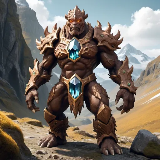 Prompt: Earth Elemental with crystal armor in a mountain pass. With Brown skin. 
