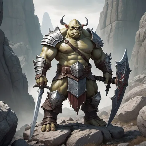 Prompt: Fantasy Ogre wearing armor and holding a large sword in hand. Standing in rocky terrain.