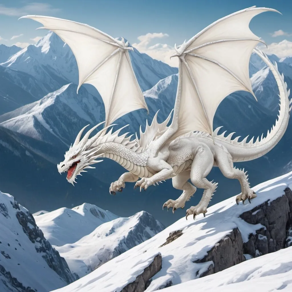 Prompt: White Dragon flying over snow covered mountains