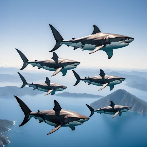 Prompt: 4 Large flying great white sharks with extra large tails and sail like dorsal fins flying over mountains 