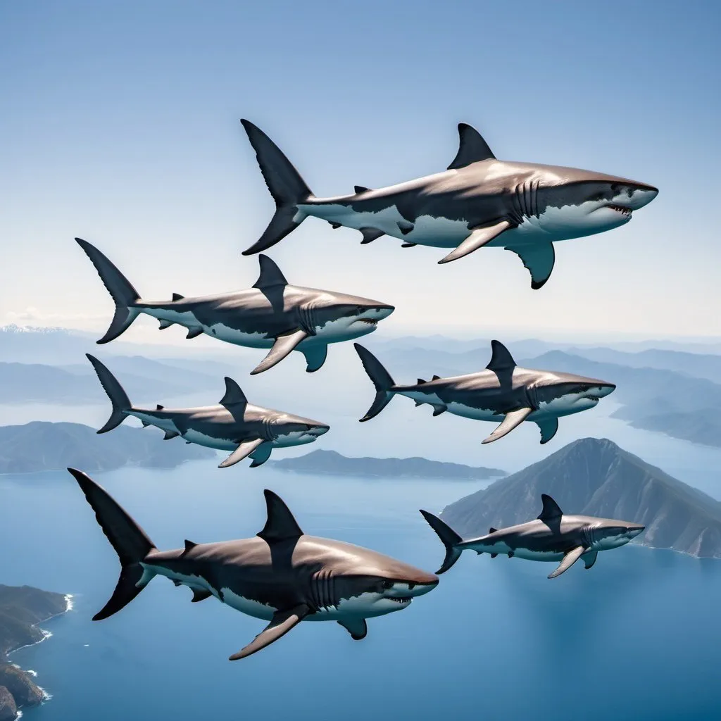 Prompt: 4 Large flying great white sharks with extra large tails and sail like dorsal fins flying over mountains 