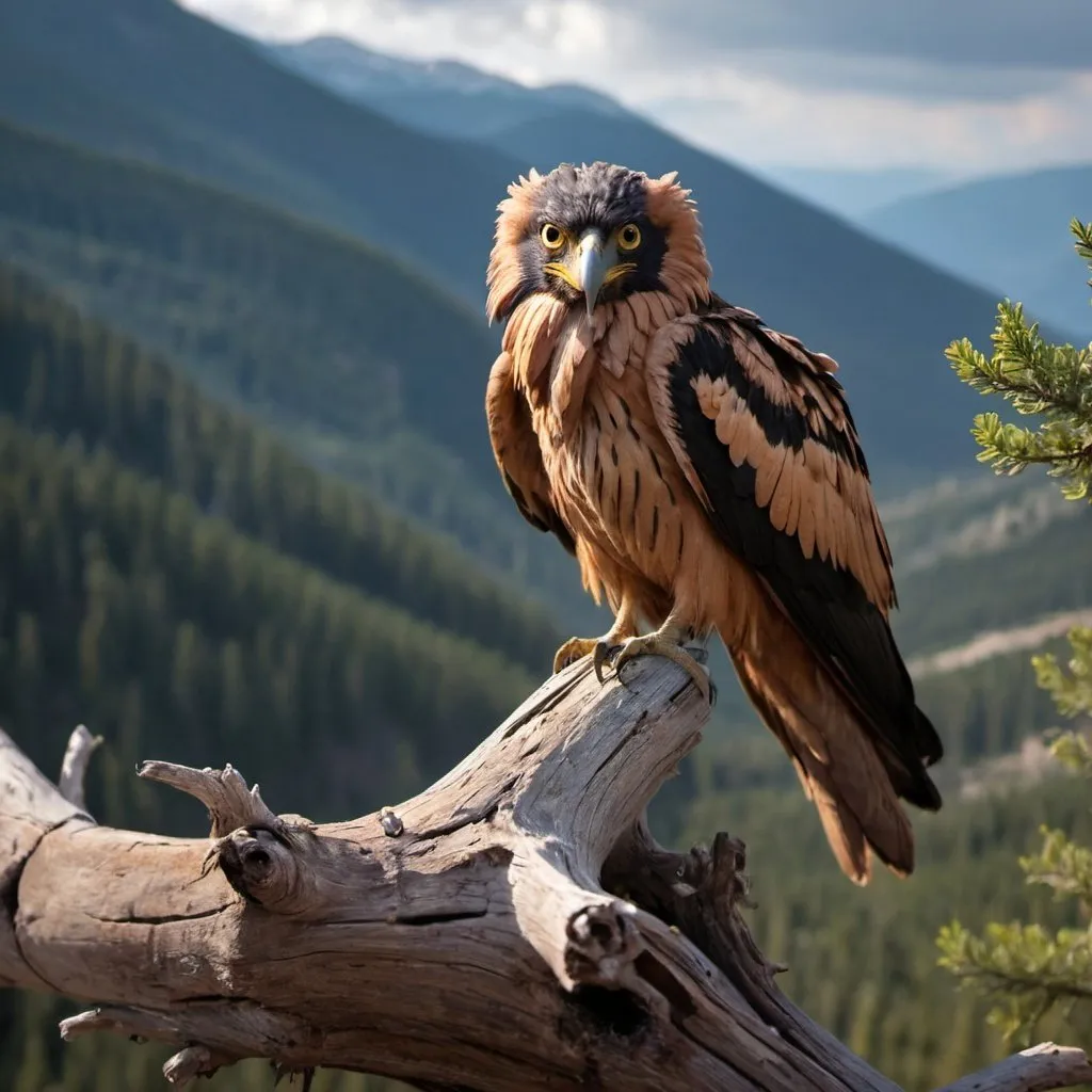 Prompt: award winning photo of a harpy perched on a dead tree in the mountains.
