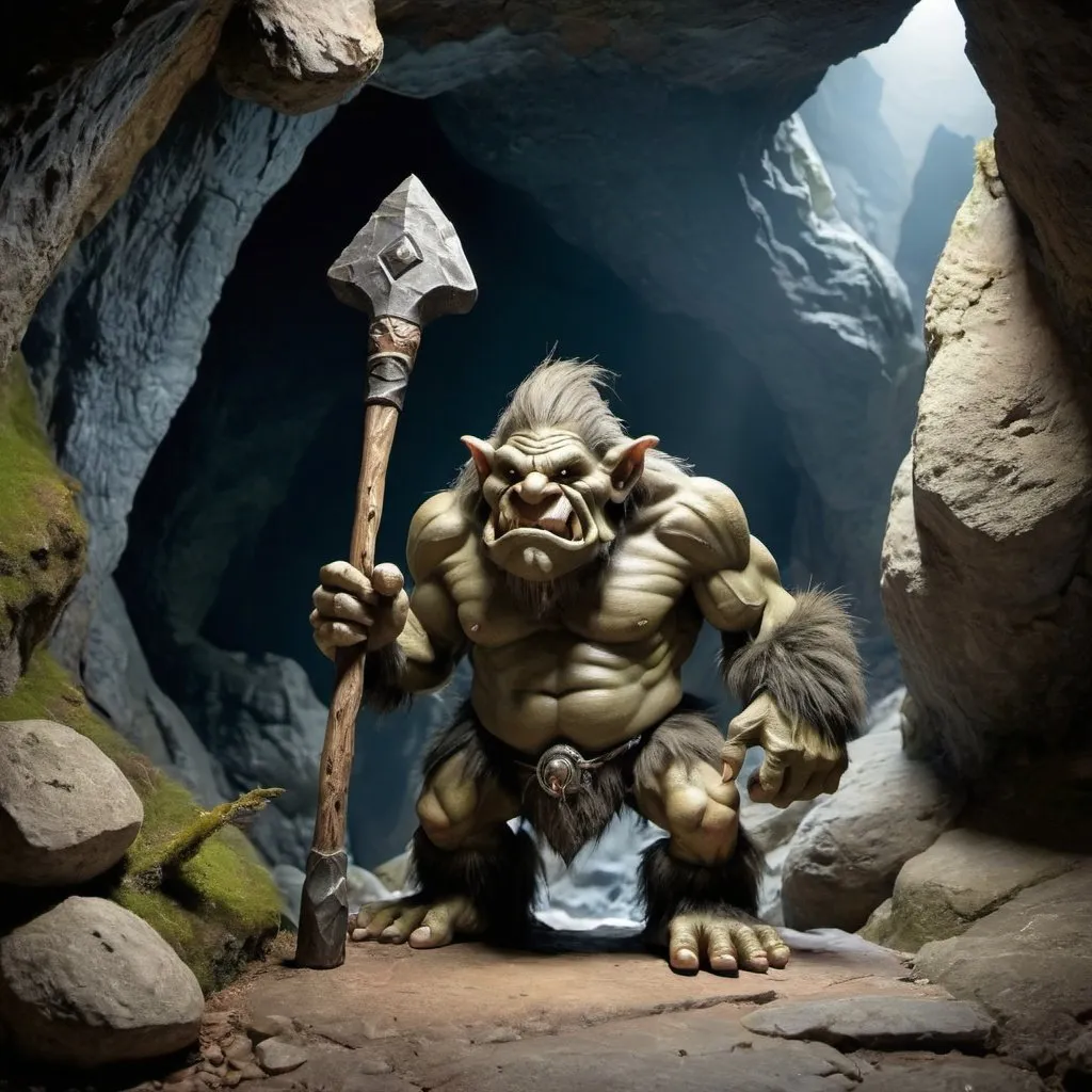 Prompt: Mountain Troll with large club in cave entrance
