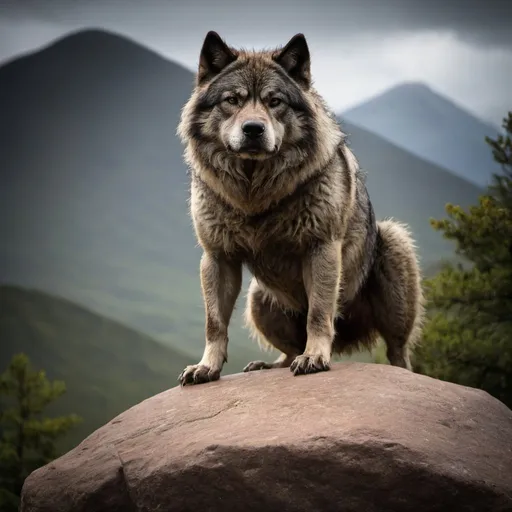 Prompt: award winning photo of a Worg standing on a boulder.
