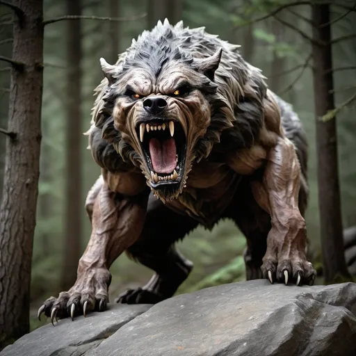Prompt: award winning photo of a snarling huge Worg standing on a boulder.
