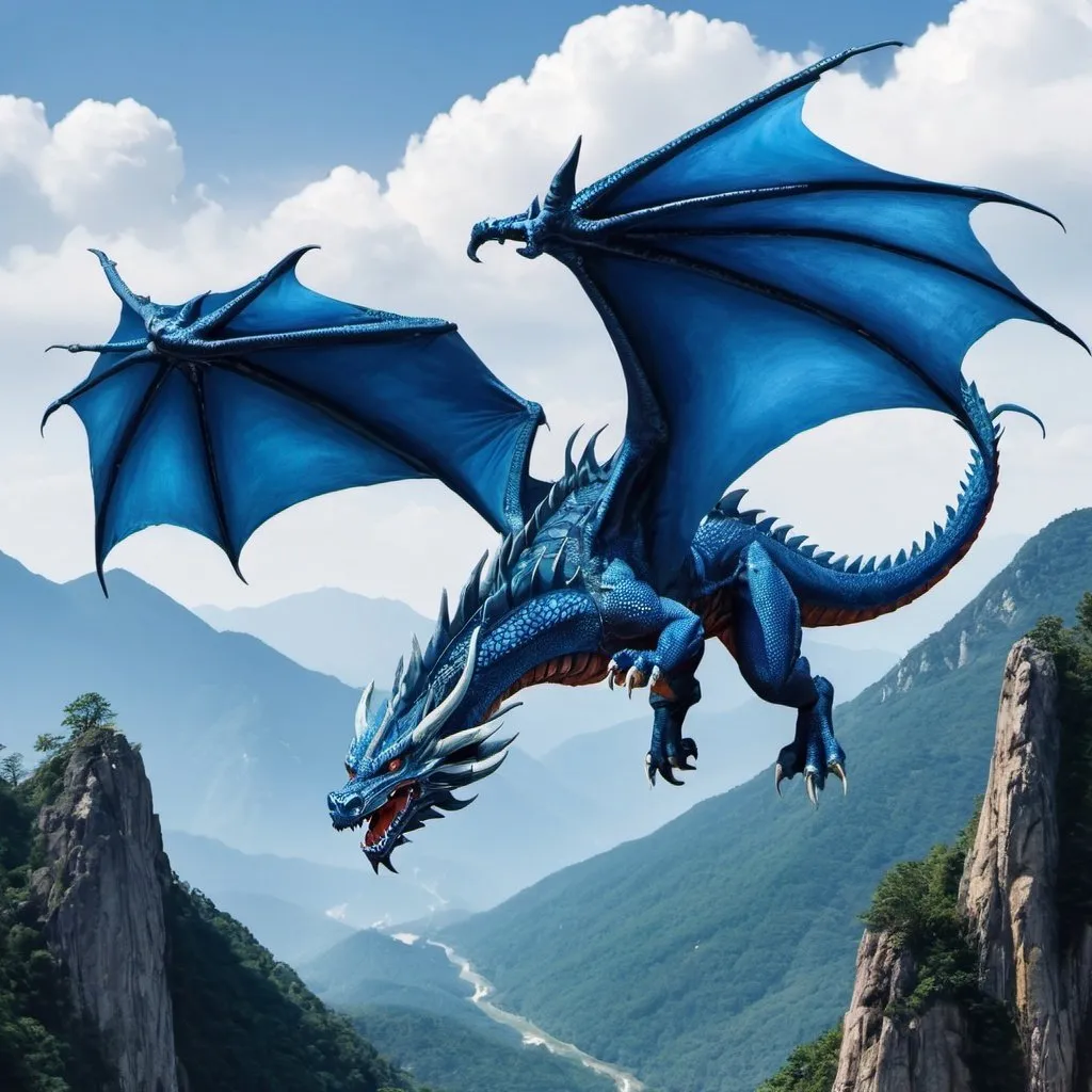 Prompt: Blue Dragon flying over mountains