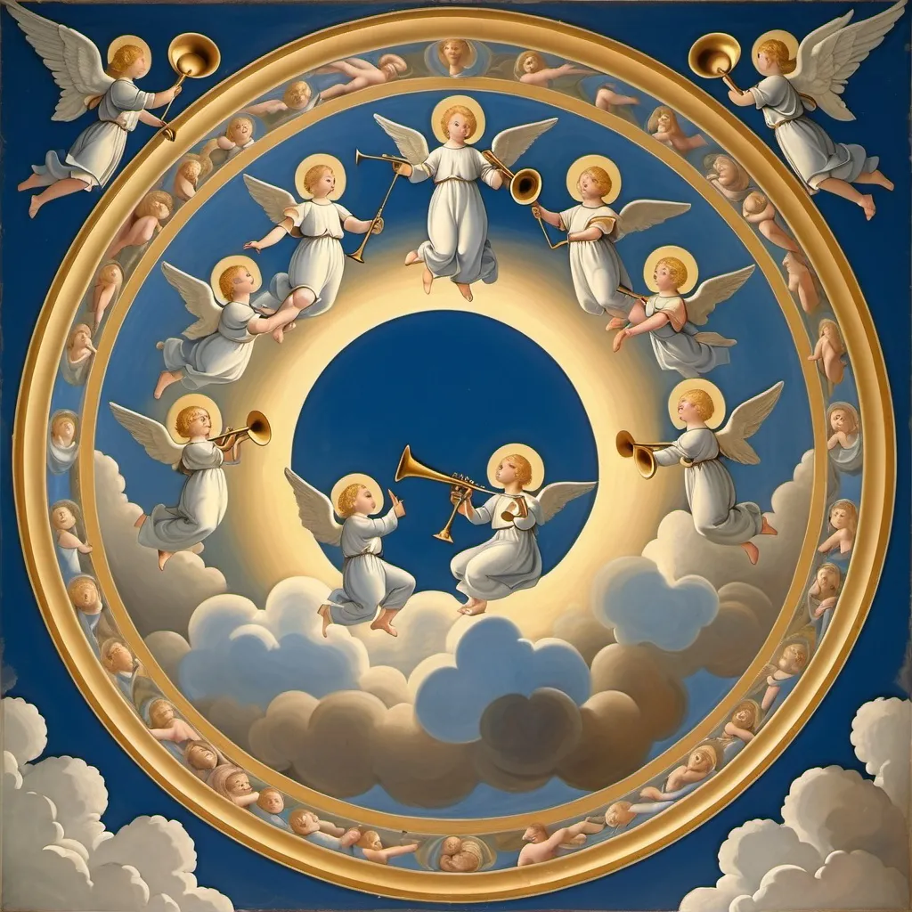 Prompt: a group of angels with trumpets in the sky above clouds in a circle with clouds behind them and a blue sky with clouds, Fra Angelico, precisionism, angelic, a poster