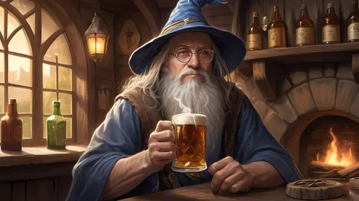 Prompt: hyper-realistic, fantasy person art, illustration, dnd, warm tone, a picture that follows "Once upon a moonlit night, there was a wizard named Wally who loved his ale almost as much as his spells. Wally was known far and wide for his magical prowess, but even more for his boisterous tavern tales and intoxicated incantations."
