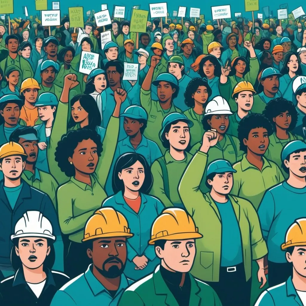 Prompt: an image  -like a poster- of workers protesting, cartoon style, people from different backgrounds and colors, using more blue and green colors