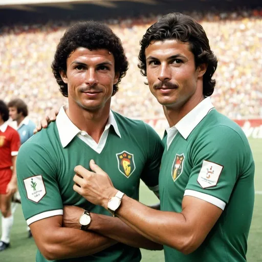 Prompt: Cristiano Ronaldo in World Cup 1978 with Jorge Valdano-afro and mustache.