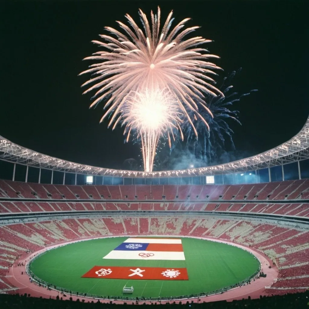 Prompt: The 1992 Shanghai Summer Olympics is opening ceremony in night and shoot fireworks in stadium.