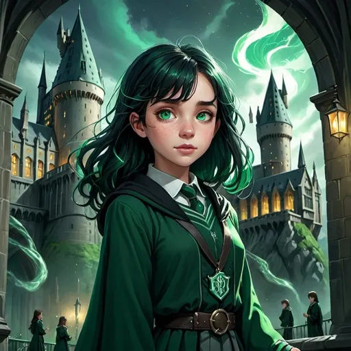 Prompt: Detailed anime illustration of a Slytherin girl with black hair and green highlights, standing in front of Hogwarts castle, vibrant and magical color tones, ten years old,  ultra-detailed depiction of the castle architecture, cool tones, anime, detailed black hair with green highlights, Slytherin uniform, blue eyes, pale skin, atmospheric lighting, magical glow, professional, highres, vibrant colors, freckles, Light yellow dress