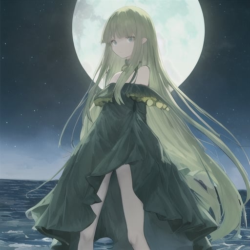 Prompt: -A long dark green-hair girl with blue eyes and wearing a yellow dress.
-Standing in the ocean at night with the moon in the background.
-Hogwarts